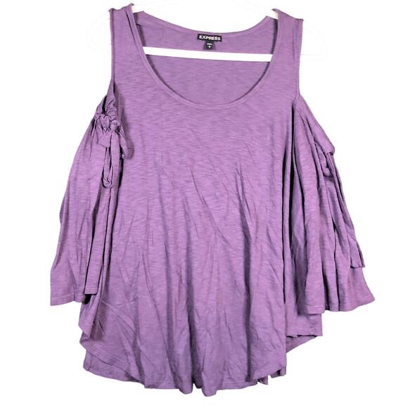 Express Women Blouse Purple Cold Shoulder Scoop Neck Peasant Stretch Large - Picture 1 of 12